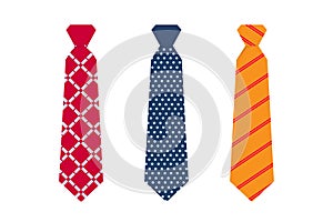 Set of simple men's ties with different color patterns flat vector illustration