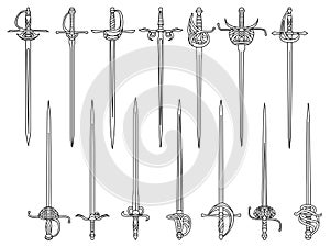 Set of simple monochrome images of epees and rapiers drawn by lines.