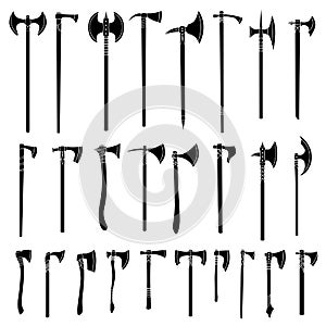 Set of simple monochrome images of medieval axes and hatchets.