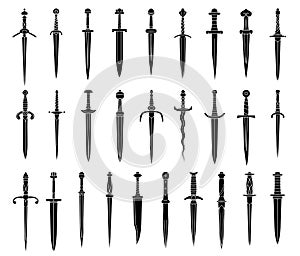 Set of simple monochrome images of medieval dagger and dirk.