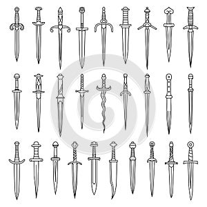 Set of simple monochrome images of medieval daggers and dirks drawn by lines.