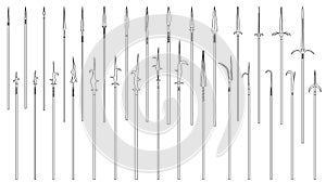 Set of simple monochrome images of medieval spears and halberds drawn by lines. photo