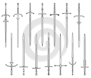 Set of simple monochrome images of medieval two-handed swords drawn by lines.