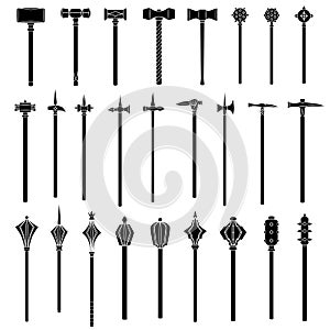 Set of simple monochrome images of medieval war hammers and maces.