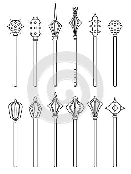 Set of simple monochrome images of medieval war hammers and maces drawn by lines.