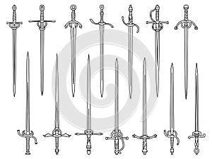 Set of simple monochrome images of rapiers and epees drawn by lines.