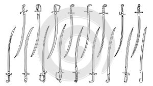 Set of simple monochrome images of saber swords drawn by lines.