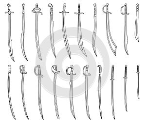 Set of simple monochrome images of sabers and cutlasses drawn by lines.