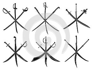 Set of simple monochrome images of three crossed saber and cutlass