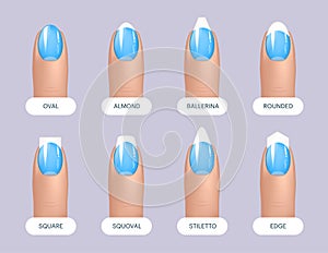 Set of simple realistic blue manicured nails with different shapes. Vector illustration for your graphic design.