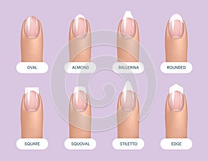 Set of simple realistic natural manicured nails with different shapes. Vector illustration for your graphic design. photo