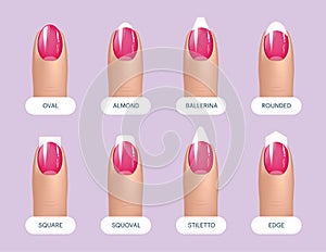 Set of simple realistic pink manicured nails with different shapes. Vector illustration for your graphic design.