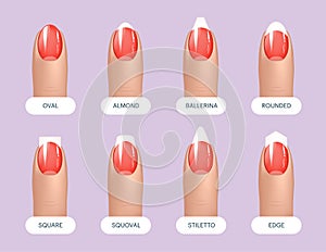 Set of simple realistic red manicured nails with different shapes. Vector illustration for your graphic design.