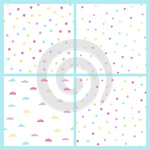 Set of simple seamless patterns in pastel colors. Vector backgrounds with hearts, clouds and polka dots