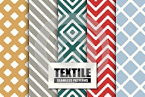 Set of simple seamless textile patterns - colorful geometric design. Vector abstract repeatable backgrounds. Endless