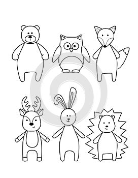 A set of simple silhouettes of cartoon animals, hare, Fox, deer, owl, bear, hedgehog. A primitive outline, a fun toy, a
