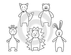 A set of simple silhouettes of cartoon animals, hare, Fox, giraffe, bear, hedgehog. Primitive outline, a funny toy, a