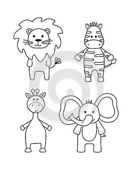 A set of simple silhouettes of cartoon animals, Zebra, lion, giraffe, elephant. Primitive outline, funny toy, fantasy.