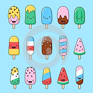 Set of simple smiling ice cream, eskimo, popsicle illustrations