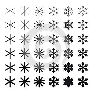 A set of simple snowflakes in different variations. Flat icons of snowflakes isolated on white background