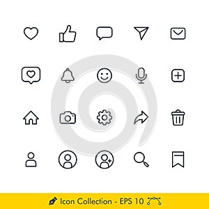 Set of Simple Social Media Social Network User Interface Related Icons / Vectors - In Line / Stroke Design