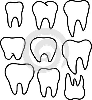 Set of simple stomatology vector logos. Elegant one line teeth drawings. Tooth icon set.