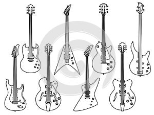 Set of vector stringed electric musical instruments drawn by lines. photo
