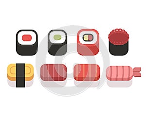 Set of simple sushi icons, geometric flat vector style.