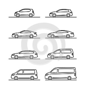 Set of simple thin line cartoon vehicles icons viewed from the side. The set includes small, medium and large cars, including vans