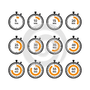 Set of simple timers. Set of clock count elements. Five minutes step