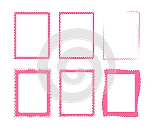 Set of simple vector frames, 6 rectangular pink frames with curly edges