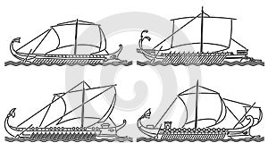 Set of simple vector images of ancient warship drawn in art line style