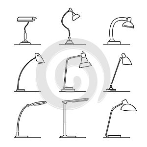 Set of simple vector images of lamps drawn in art line style.