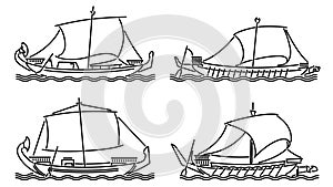 Set of simple vector images of sailing ships of antiquity drawn in art line style photo