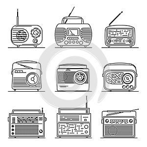 Set of simple vector images of transistor radio drawn in art line style.