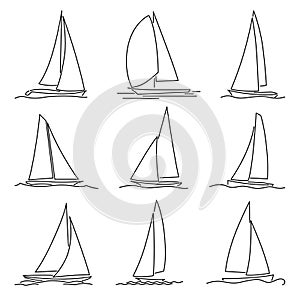 Set of simple vector images of yachts with triangular sails drawn in line style.