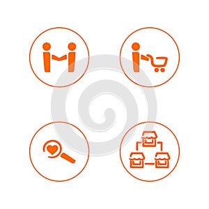 Set of simple vector outline icons for online store and website. Four symbols: cooperation, shopping, finding reasons and a chain