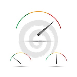 Set of simple vector speedometers with indicator in green, yellow and red part. Tachometer icons