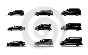 Set of simple vehicle icons in black. It contains cars and sports cars and several smaller and larger vans.