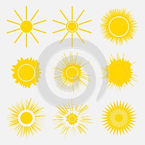 Set of simple yellow orange Sun icons on white background. Cartoon vector illustration of a sunrise.