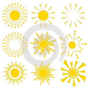 Set of simple yellow orange Sun icons on white background. Cartoon vector illustration of a sunrise.