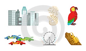 Set of Singapore traditional cultural symbols. Skyscraper, ferris wheel, parrot, motorsport race cars vector