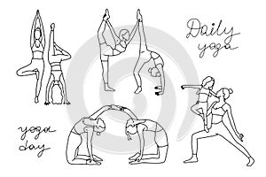 Set of single line drawings of a girl sitting and standing in a yoga pose