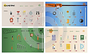A set of sites for online stores of fishing, camping, construction tools, stationery. Vector cartoon illustration of web