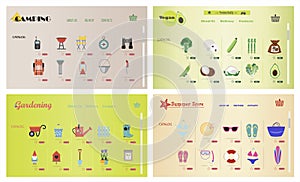 A set of sites for online stores of gardening, camping, beach goods, vegetarian food. Vector cartoon illustration of web