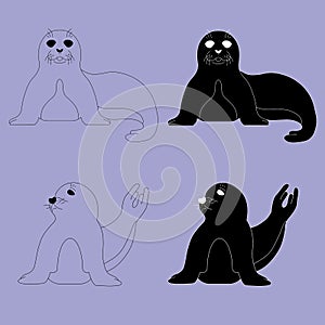 Set of sitting seal pups in different poses. Outline and simple style vector illustration. Isolated design element on neutral