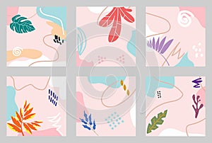 A set of six abstract backgrounds, hand-drawn various shapes and doodles, as well as plant elements, modern minimalistic trendy