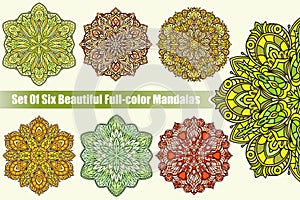 Set of six abstract vector colorful round lace designs in mono l