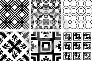 Set of six black and white seamless patterns. monochromatic tiles on white background