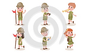 Set Of Six Boys And Girls Scouts In Different Actions Vector Illustrations Cartoon Characters